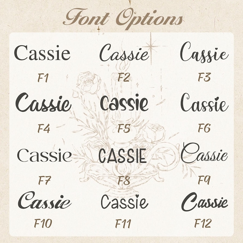May include: A beige background displays "Font Options" in a script font. Below, twelve variations of the name "Cassie" are shown in different fonts, labelled F1 to F12. A floral illustration is in the background.