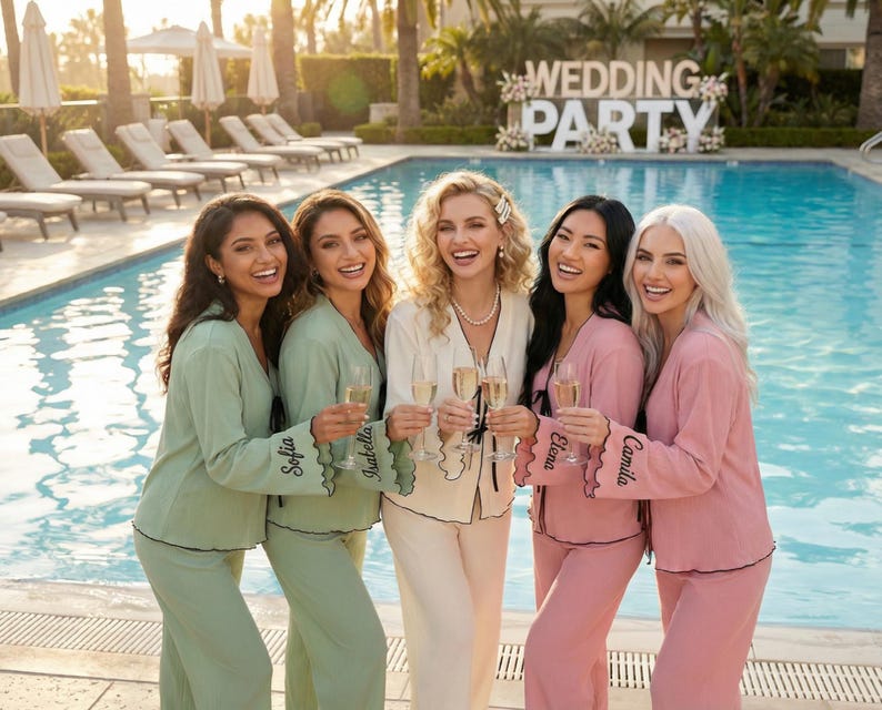 May include: Five women in matching pyjamas holding champagne flutes by a swimming pool. The pyjamas are in shades of green, pink, and cream, with black trim and personalised names on the sleeves. A sign that says "WEDDING PARTY" is in the background.