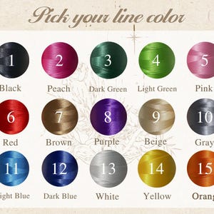 May include: A colour chart displaying 15 thread colour options, each in a numbered circle. Colours include black, peach, dark green, light green, pink, red, brown, purple, beige, grey, light blue, dark blue, white, yellow, and orange. Text reads "Pick your line colour."