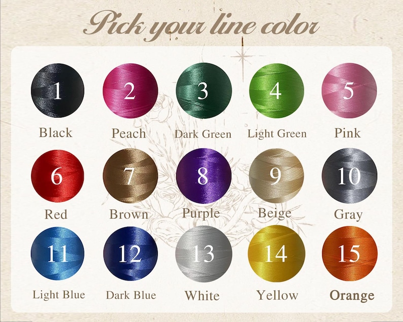 May include: A colour chart displaying 15 thread colour options, each in a numbered circle. Colours include black, peach, dark green, light green, pink, red, brown, purple, beige, grey, light blue, dark blue, white, yellow, and orange. Text reads "Pick your line colour."