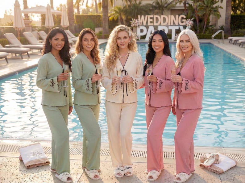 May include: Five people wearing coordinated pyjama sets in green, cream, and pink stand by a swimming pool. Each set includes a top and trousers. The tops have embroidered names on the cuffs. A "Wedding Party" sign is visible in the background.
