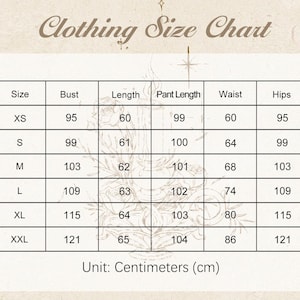 May include: A clothing size chart with measurements in centimetres. The chart includes sizes XS to XXL, with bust, length, pant length, waist, and hips measurements. The text "Clothing Size Chart" is at the top.