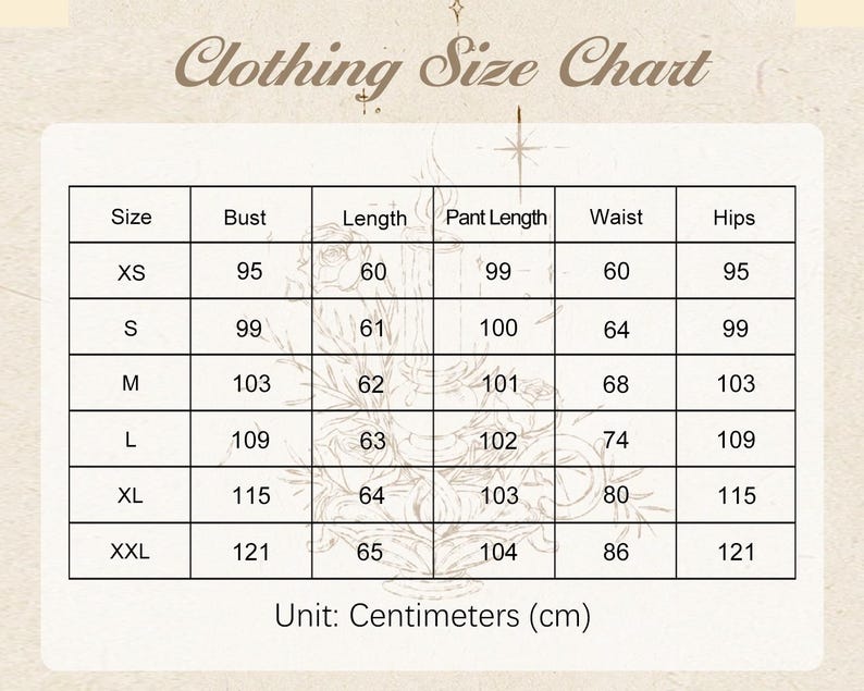May include: A clothing size chart with measurements in centimetres. The chart includes sizes XS to XXL, with bust, length, pant length, waist, and hips measurements. The text "Clothing Size Chart" is at the top.