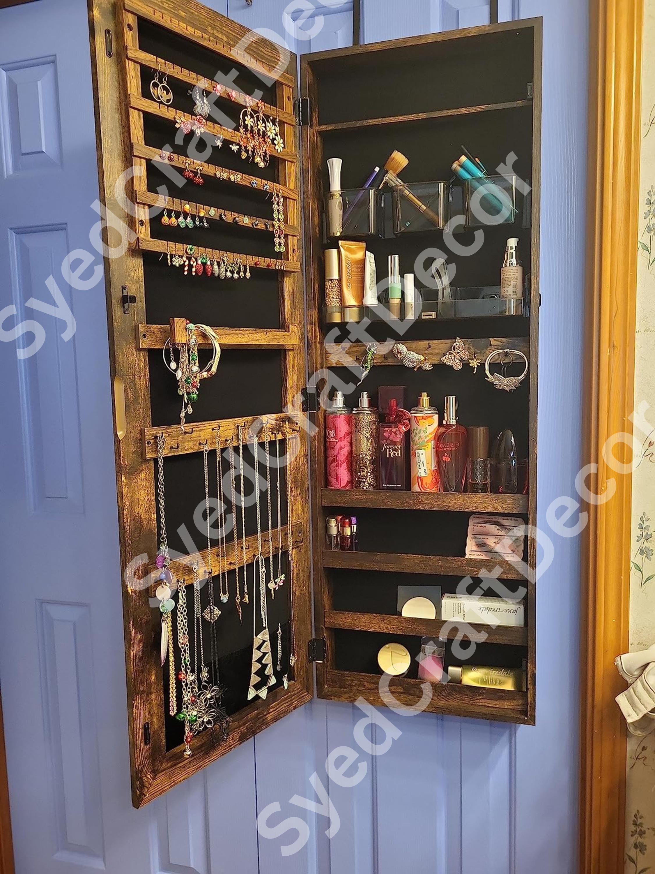 Rustic Wood Jewelry Armoire With Mirror: Wall-mounted Cosmetic