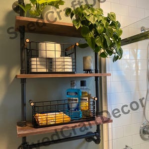 3-Layer Metal Industrial Pipe Wood Wall Shelves with Towel Bar | Bathroom Shelves | Floating Shelves | toilet Paper Holder| Bathroom Storage