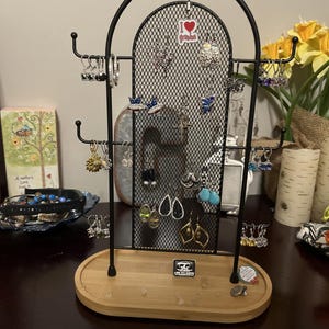 Metal Jewelry Organizer Stand With Hooks & Wood Base | Jewelry Display | Earring Hanger | Bracelet Organizer | Rings Holder | Earring Holder