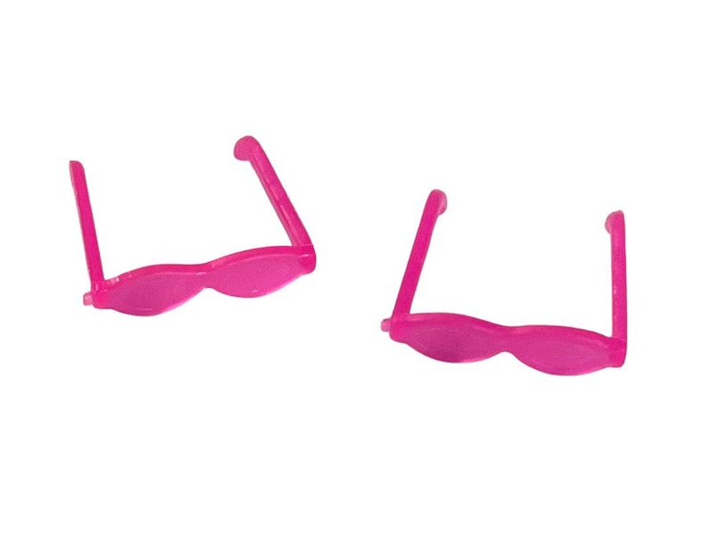 May include: Two pairs of bright pink sunglasses with a wavy frame design. The sunglasses have a classic shape with straight arms and a curved bridge. The frames and arms are a solid, vibrant pink color.