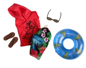 Conjunto de traje de baño para niño de moda: capucha roja, pantalones cortos, sandalias, gafas y salvavidas