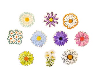 May include: Ten colorful daisy stickers with white petals and yellow centers. The stickers are arranged in a circle on a white background.