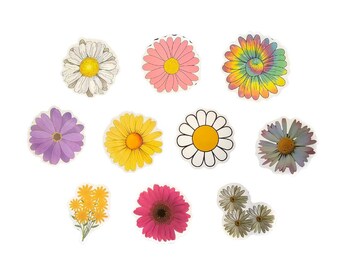May include: A set of ten colorful daisy flower stickers. The stickers feature a variety of daisy designs, including yellow, pink, purple, and white daisies. The stickers are perfect for adding a touch of whimsy to any project.