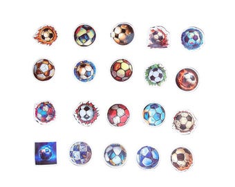 May include: A set of 20 colorful soccer ball stickers. The stickers feature different designs and colors, including red, blue, green, yellow, and white. The stickers are perfect for decorating laptops, water bottles, notebooks, and more.