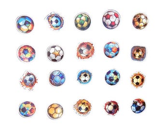 May include: A set of 20 colorful soccer ball stickers. The stickers feature different designs and colors, including red, blue, green, yellow, and black.