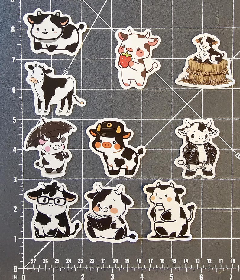 Vector Cow Round Sticker 10 Pcs. Cartoon Cows Vinyl Stickers - Set 3 - Etsy