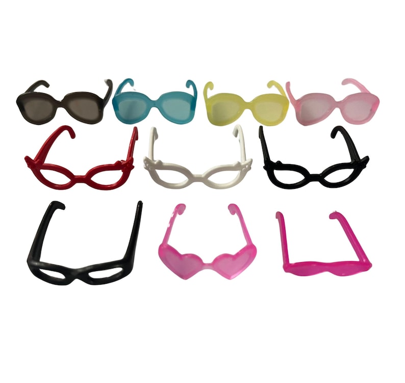 May include: A collection of colorful sunglasses in various styles and hues. The assortment includes shades of black, blue, yellow, pink, and red. Some frames are classic, while others feature heart-shaped or unique designs.