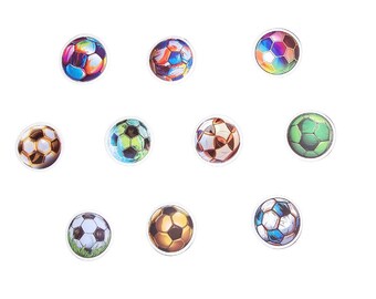 May include: Ten colorful soccer ball stickers with different designs. The stickers are round and have a white background with a soccer ball design in the center.