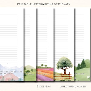 May include: Five printable stationery designs featuring watercolor illustrations of nature scenes. The designs include a mountain range, a field of flowers, a tree, a forest, and a mountain range with birds. Each design includes the text "ESS THE EARTH. AND REVER ON IT." or "END SAIAH 97" or "NUHEY AN DANCE" or "IN AN" or "AM SICK."
