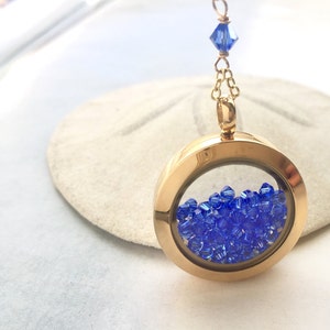 Y necklace, glass locket shaker necklace, floating glass locket, Cameron Diaz The Holiday necklace, Sapphire blue crystal shaker necklace image 3