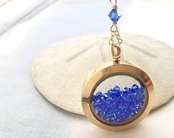 Y necklace, memory locket, glass locket, floating locket, Y necklace, personalized jewelry, bridal necklace,Sapphire blue crystal locket