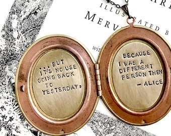 Book Locket Necklace, vintage locket pendant necklace, Book quote necklace, Alice Adventures in Wonderland book necklace