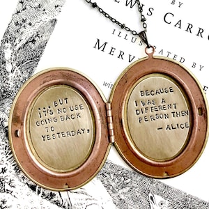 Alice in Wonderland Book Locket Necklace: Vintage Style, Hand Stamped Quote