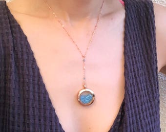 Y locket necklace, Rose gold shaker necklace,  Cameron Diaz The Holiday necklace, birthstone locket, Aquamarine crystal locket