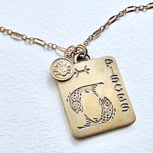 Vintage zodiac necklace, rectangular brass astrological pendant, Gold horoscope jewelry vintage Pisces necklace