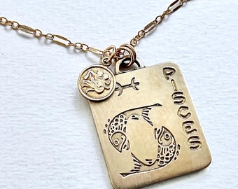 Vintage zodiac necklace, rectangular brass astrological pendant, Gold horoscope jewelry vintage Pisces necklace