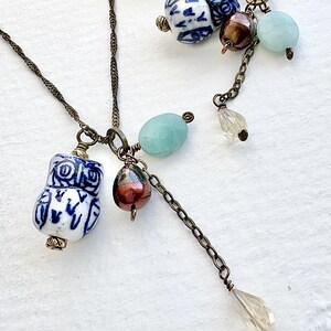 Uilenketting, blauwe uilketting, geclusterde aquasteen citrien parelketting, iets blauws bruidsmeisjesketting