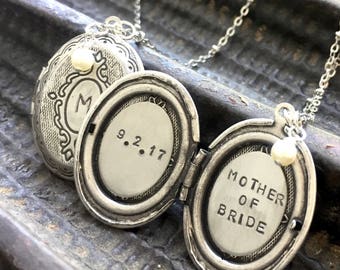 Mother of Bride necklace, initial locket necklace, Personalized jewelry, two initials, silver oval locket, wedding , personalized locket