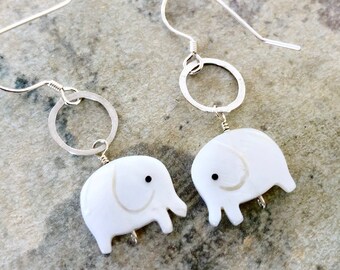 White Elephant Earrings, elephant earrings, mother of pearl elephant oxidized sterling silver earrings, animal jewelry