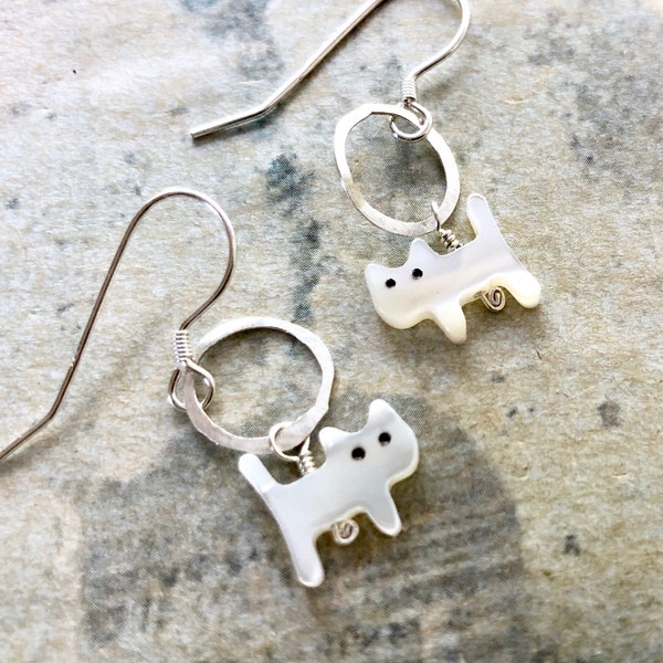 Cat dangle earrings, mother of pearl kittens sterling silver earrings - gifts for cat lover under 20