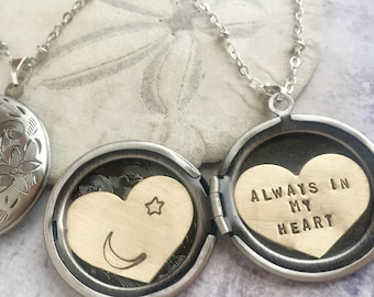 Custom name locket necklace, Personalized necklace, Custom hand stamped, Always in my heart, moon and star locket necklace
