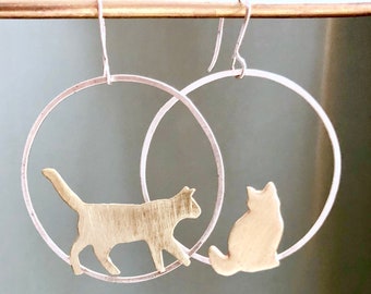 Large Cat Hoop Earrings, Gold cat earrings, Brass Cat Mismatched Cat in Action Earrings, Cat Lady Gift, Cat Mom Gift, Gift for Cat Lover