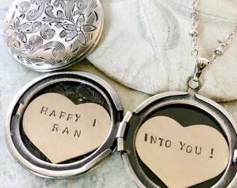 Locket necklace, Valentine's necklace, happy I ran into you, custom hand stamped message, gift for her, heart locket necklace