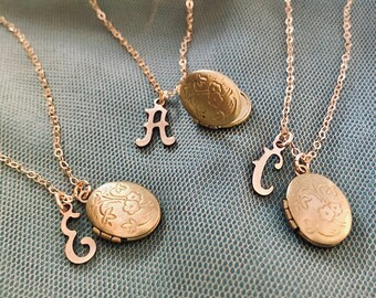 Bridesmaid jewelry, Set of 3 initial locket necklaces, Discount for bridal party, Personalized Locket Necklace, Vintage Old English Initial