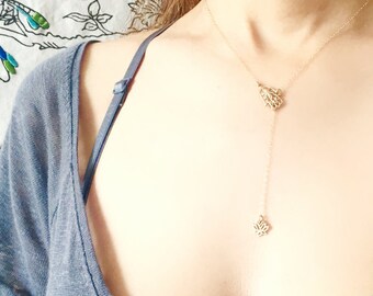 Hamsa necklace, Lotus necklace, Y necklace, Hand Lotus lariat, zen yoga yogi pendant protection faith symbol jewelry hamesh khamsa lariat
