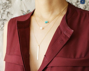 Skinny bar layer necklace set, turquoise necklace, pearl necklace gold bar necklace set, Layered necklace set