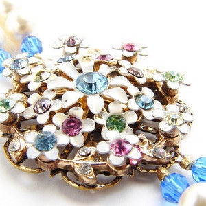 vintage crystal bridal necklace, something blue statement necklace, sugar candy pastel enamel flower brooch, bridal jewelry set image 3