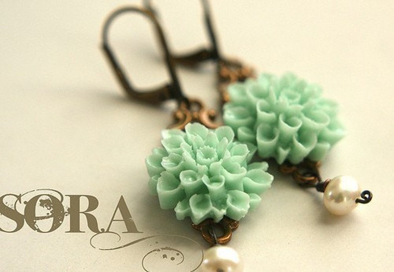 Mint Flower drop earrings, bridesmaid jewelry, drop earrings, wedding earrings, aqua seafoam dahlia flower pearls bronze filigree earrings image 3