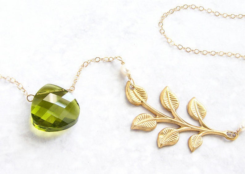 Birthstone necklace, bridesmaids jewelry, Green crystal branch necklace, olive gold leaf branch necklace, custom birthstone gift for her image 2