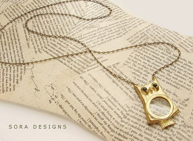 Owl Statement necklace, magnifying glass necklace, Mothers day gift, gold magnifying glass long necklace, owl jewelry necklace image 4