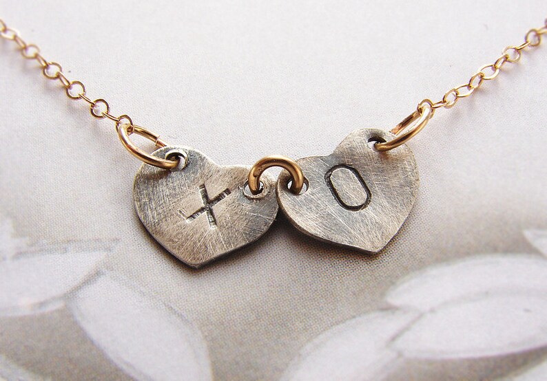 XOXO kiss hugs necklace, charm necklace, personalized initial heart charm, couple kids two initials necklace, xo necklace, heart jewelry image 2