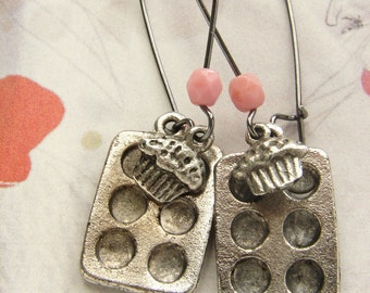 Cupcake drop earrings, baker's cupcake muffin pan earrings, miniature baking jewelry gifts