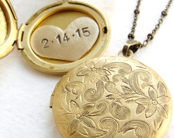 Personalized Floral Locket Necklace, Custom Initials and Date, Valentine's Gift