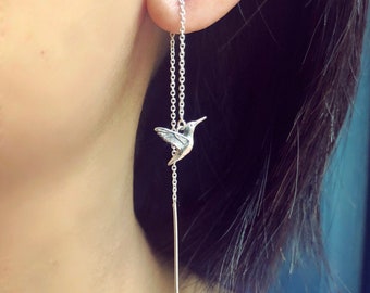 Realistic Hummingbird earrings, pull through earrings, hummingbird threader earrings, sterling silver real hummingbird earrings