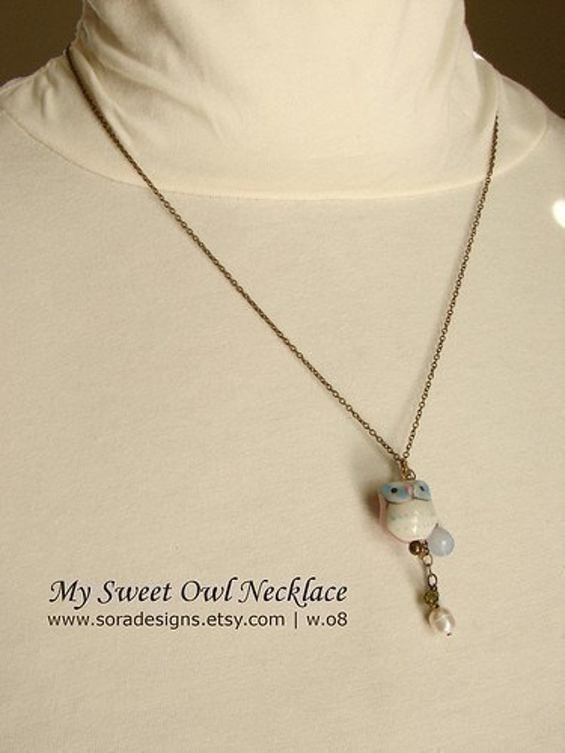 Tiny Owl Necklace, pink blue owl pendant necklace, blue chalcedony gemstone necklace pink owl necklace image 4