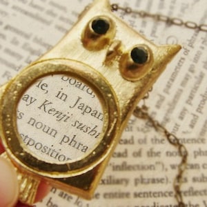 Owl Magnifying Glass Necklace, Emerald Green Eyes, Antique Brass