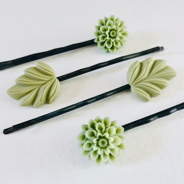 Laurel Green Flower And Leaf Hair pins, bridesmaid hair accessory, bridal hair pins, Mocha Green bobby pins, Artichoke Green Flower and Leaf