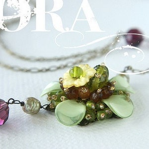 Flower Statement Necklace, purple grape ochre flower crystals pearls Flapper style long necklace image 5