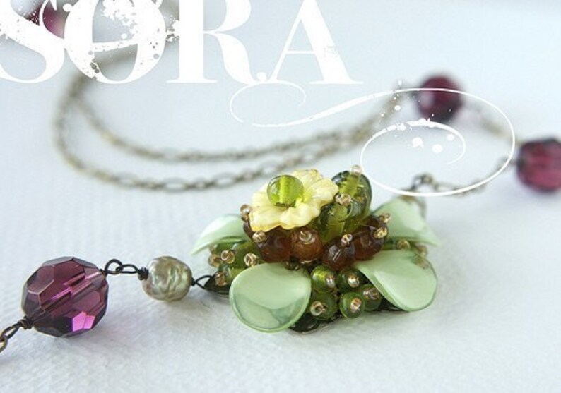 Flower Statement Necklace, purple grape ochre flower crystals pearls Flapper style long necklace image 5